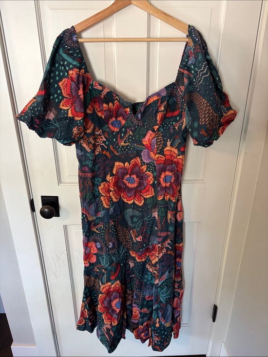 FARM Rio Dresses & Skirts - FARM Rio Dark Green Floral Puff-Sleeve Midi Dress with Coral Accents